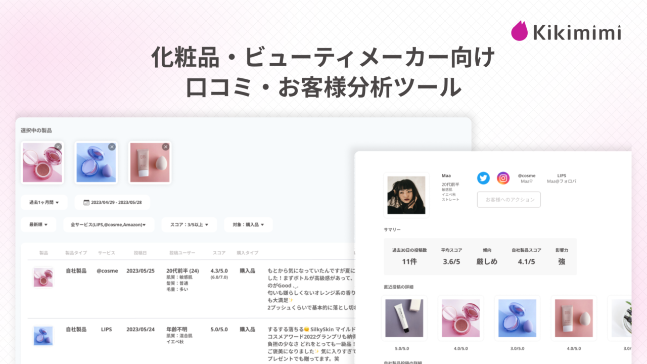 化粧品・ビューティメーカー向け口コミ・お客様分析ツール「Kikimimi」(キキミミ) サービスサイトを公開 | トライアルパッケージの提供も開始のメイン画像