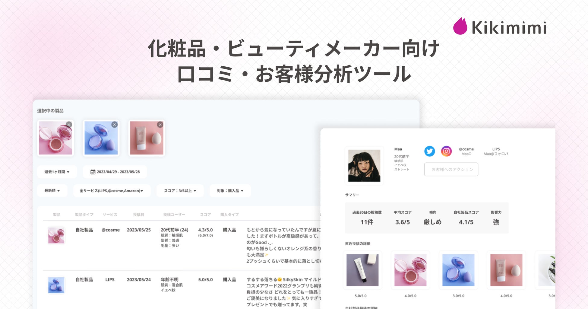 化粧品・ビューティメーカー向け口コミ・お客様分析ツール「Kikimimi」(キキミミ) サービスサイトを公開 | トライアルパッケージの提供も開始のサブ画像1